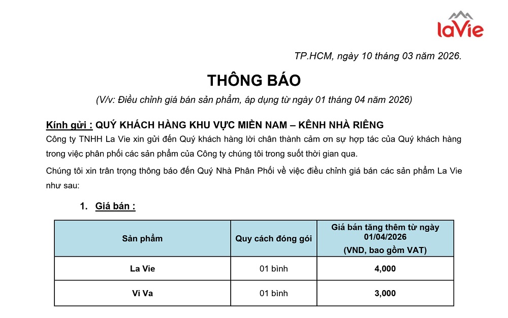 Thông báo điều chỉnh giá nước La Vie và ViVa từ ngày 01/04/2026